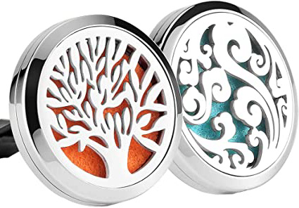 2 UNIDS Coche Aromaterapia Aceites Esenciales Difusor Ambientador 30mm Acero Inoxidable Negro Locket Vent Clip + 32 unids Almohadillas de Recarga (Árbol de la Vida y Nube (Plata))