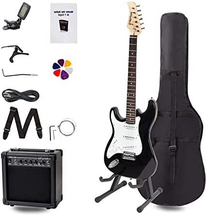 Display4top Kit de guitarra eléctrica Amplificador de 20 vatios, soporte de guitarra, bolsa, púa de guitarra, correa, cuerdas de repuesto, sintonizador, estuche y cable (Negro-Negro)