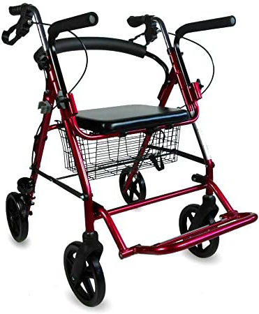 Mobiclinic, Modelo Colón, Andador para minusvalidos, ancianos, adultos o mayores, de aluminio, ligero, plegable, con asiento y 4 ruedas. Color Burdeos
