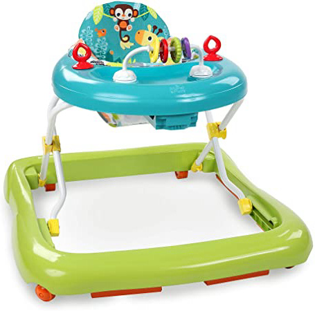 Bright Starts, Andador y Centro de actividades Giggling Safari con 3 alturas regulables, asiento acolchado, patas de goma antideslizantes