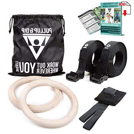 PULLUP & DIP Anillos de Gimnasia de Madera, Anillos Olímpico para Calistenia & Crossfit - Correas Anchas de Sujeción con Marcas + Anclajes de Puerta + Bolsa de Transporte + Guía de Entrenamiento