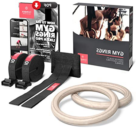 BeMaxx Anillas de Gimnasia de Madera Fitness + Anclaje para Puerta & guía de Ejercicios | Set de Entrenamientos gimnásticos & Correa + Hebillas | Crossfit, Gimnasio, Deporte en casa | Adultos, niños