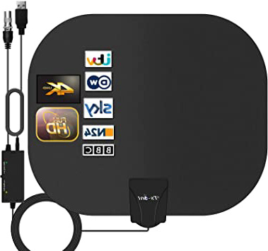 TS-ant Antena de TV Interior, Oval Negro Antena de TV Digital para Interiores de Alcance de 180KM con Amplificador Inteligente de Señal, Adecuada para Canales de TV Gratis 1080P 4K,Cable Coaxial de 5M