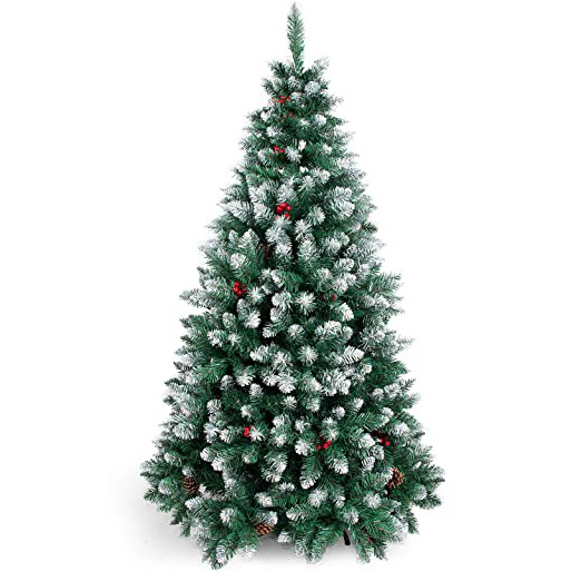 SunJas Árbol de Navidad Artificial Pino, Material PVC, Soporte Metal, Arbol Navideño Decoración con Blanco Nevado, Frutos Rojos, Piñas Verdaderas (120cm, 390puntas)