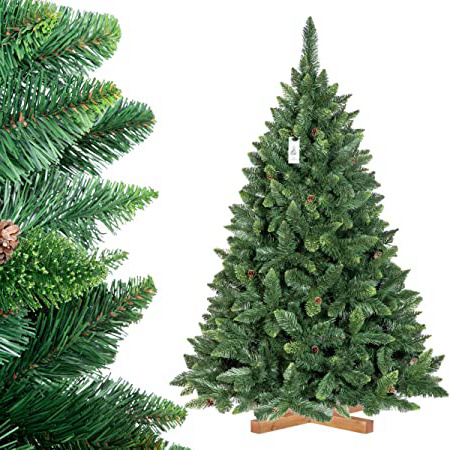 FairyTrees Árbol de Navidad Artificial Pino, Natural Verde, Material PVC, Las piñas verdaderas, el Soporte de Madera, 180cm, FT03-180