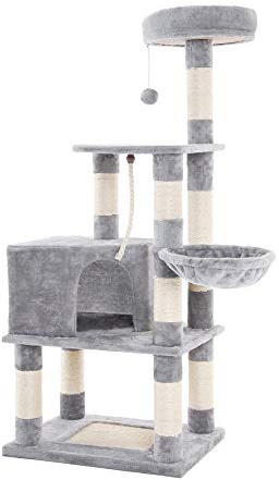 FEANDREA Árbol para Gatos, Rascador Alto para Gatos con Bola de Juego, Cesta Flotante, Caseta y Postes Cubiertos de sisal, Gris Claro PCT60W