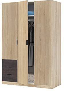 Habitdesign LC0323F - Armario ropero de Tres Puertas y Tres cajones, Medidas: 121 cm (Largo) x 180 cm (Alto) x 52 cm (Fondo) (Roble Canadian - Oxido)