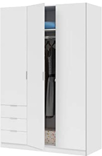 Habitdesign LCX323O - Armario ropero de Tres Puertas y Tres cajones, Color Blanco Mate, Medidas 121 cm (Largo) x 180 cm (Alto) x 52 cm (Fondo)