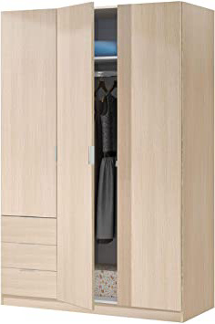 Habitdesign LCX323R - Armario ropero de Tres Puertas y Tres cajones, Color Roble, Medidas 121 cm (Largo) x 180 cm (Alto) x 52 cm (Fondo)