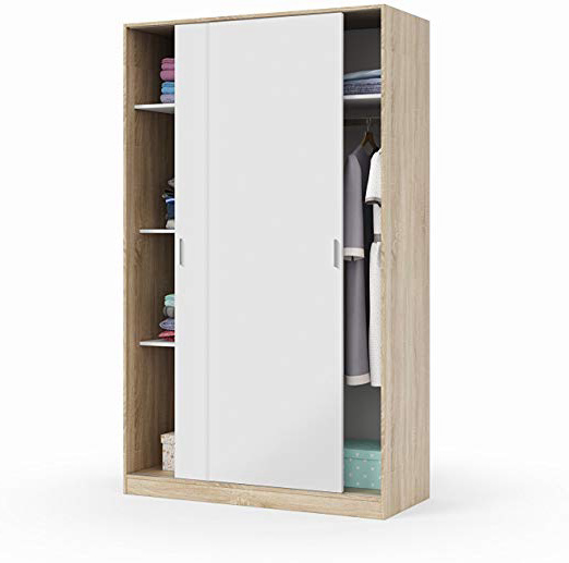Habitdesign MAX120F - Armario Dos Puertas correderas, Armario ropero Tres estantes, Medidas: 200 x 120 x 50 cm (Blanco Artik y Roble Canadian)