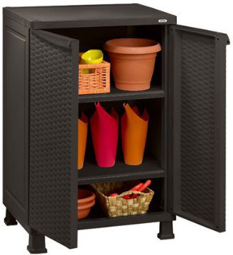 Keter - Armario bajo de exterior Mini Rattan con 2 baldas, Color marrón
