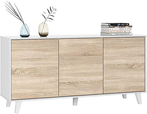 Habitdesign 0F6638BO - Aparador Buffet salón Comedor 3 Puertas, Color Blanco Brillo y Roble Canadian, Medidas: 154 x 75 x 41 cm de Fondo