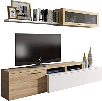 Habitdesign - Mueble de salón Comedor Moderno, Medidas: 200x41/34x43 cm de Alto (Blanco Brillo y Roble Canadian)