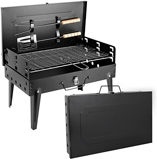 SunJas Barbacoa Portátil Barbacoa de Carbón con Pies Plegable BBQ Barbacoa Asador al Aire Libre para Jardin, Picnic, Acampadas, Camping - Color Negro (4-6 Personas)