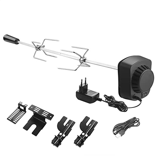 SHYOSUCCE Asador Giratorio Electrico con 2 Agujas de Carne y Motor (Alimentado pour Cable USB o Adaptador), Pincho Asador pour Parrillas de Gas, Carros de Parrilla (69-137cm)