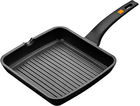 BRA Efficient - Grill Asador con Rayas, Aluminio Fundido con Antiadherente Platinum Plus, Apto para Todo Tipo de Cocinas Incluido Inducción, Libre de PFOA, Negro, 28 x 28 cm