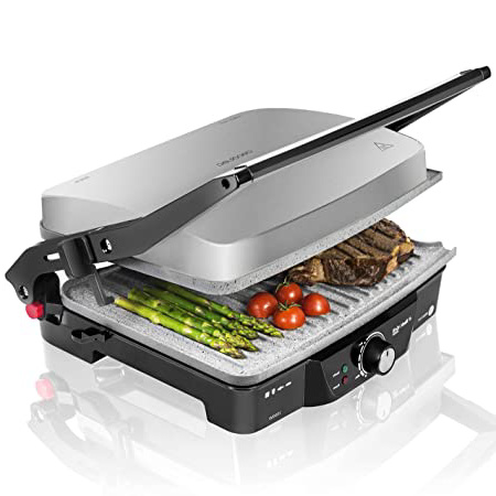 Cecotec Rock'nGrill 2000 - Parrilla Eléctrica, Revestimiento Antiadherente RockStone, Apertura 180º, Adaptable en Altura, Superficie de cocinado 30 x 23.5 cm, 2000 W, Acero Inoxidable y Plástico