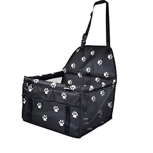 IVEN Fundas de Asiento de Coche para Perros, Asiento de Coche Plegable para Perros, Suministros para Mascotas, Asientos elevadores para Perros pequeños y Gatos (Negro con Huellas de Patas)