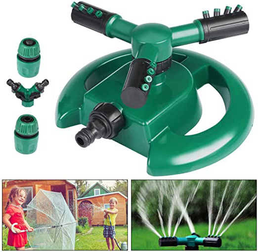 Aspersor de jardín, Emooqi Aspersor automático de agua para césped Rociador giratorio de 360º y 3 brazos Con conector de agua en forma de Y para césped, jardines, cultivos, plantas Flores Vegetales