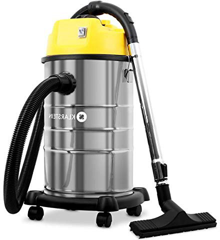 Klarstein IVC-30 - Aspirador Industrial, Seco y húmedo, Doble Motor, 1800W, 19,2 kPa, 30L, 80dB, Sin Bolsa, Filtro HEPA, Protección IPX4, Largo Alcance, Accesorios, Amarillo/metálico