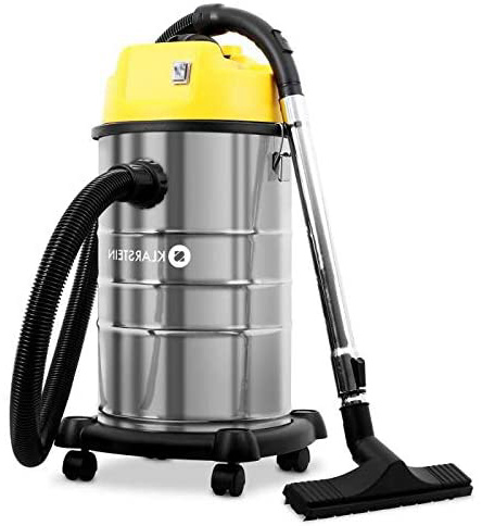 Klarstein IVC-30 - Aspirador Industrial, Seco y húmedo, Doble Motor, 1800W, 19,2 kPa, 30L, 80dB, Sin Bolsa, Filtro HEPA, Protección IPX4, Largo Alcance, Accesorios, Amarillo/metálico