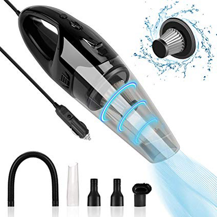 AREWTEC Aspirador de Coche, 120W Aspiradora de Mano con Cable Filtros HEPA de Acero Inoxidable con Luz LED, Potencia de Succión de 4500 Pa con Cable de 5m, 4 Boquillas, DC12-Volt Auto SCVDC12,Negro