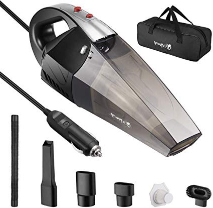 isYoung Aspirador de Coche 12V 6000PA Aspiradora de Mano Portátil Aspirador Potente con Bolsa Uso Seco y Húmedo Fácil y Ligera 120W 600ml Depósito con 2 Filtros Lavables Cepillo y 4.5M Cable