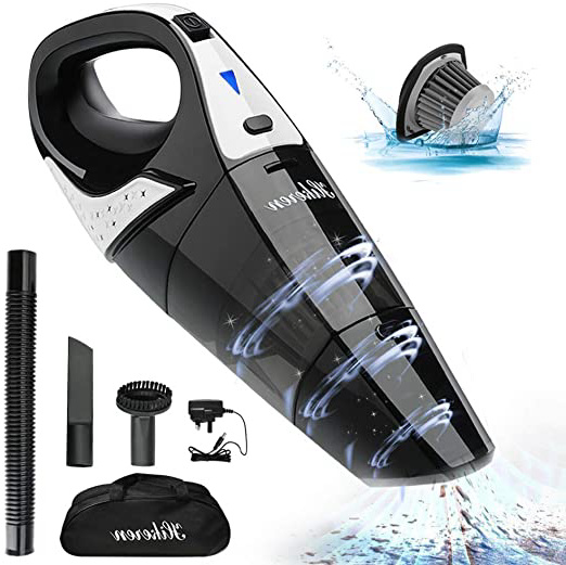 Hikeren Aspiradora de Mano, Aspirador Mano Sin Cable, 5000PA, Aspiradoras Hogar Ligera y Potente, con Filtro de Acero Inoxidable, Batería de 2400mAh, 3 Boquillas para Cocina y Coche, Negro