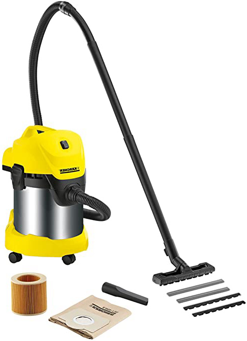 Kärcher MV 3 Premium Aspirador seco-húmedo, 1000 W, 17 litros, 71 Decibelios, Corriente sin control de encendido, Metal, Negro, Amarillo, Model Antiguo