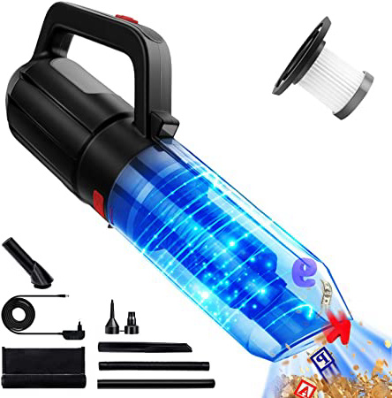 Aspiradora de Mano Sin Cable Potente 9000PA/120W, con Luz LED, 2600mAh Batería Aspirador de Coche(Mojado y Seco, Lnflable y Soplado de Polvo, Ruido Bajo 70db, Carga Rápida, Filtro Reutilizable Hodekt