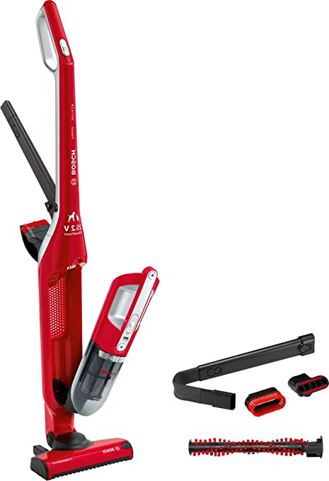 Bosch Flexxo Serie 4 BBH3ZOO25 Aspirador escoba 2 en 1, sin cable y de mano, autonomía de 55 minutos, especial animales con accesorios extra, color rojo