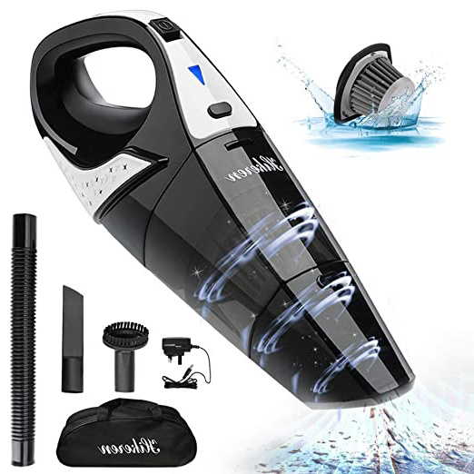 Hikeren PTS 002 Aspiradora de mano, 5000PA, Aspirador Mano Sin Cable Potente, con Filtro de Acero Inoxidable, Batería de 2400mAh, con Filtro de Acero Inoxidable, 3 Boquillas para Pelos, Negro