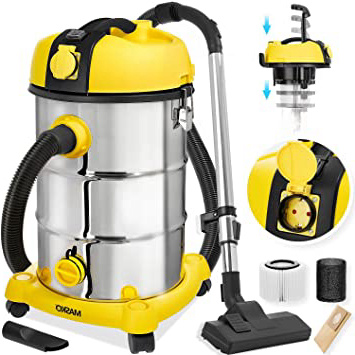 Masko® Aspiradora industrial, en seco y húmedo, acero Inoxidable, máx. 2300 W + enchufe Función de vacío. Aspirador en seco y húmedo. Aspiradora industrial con y sin bolsa., Amarillo