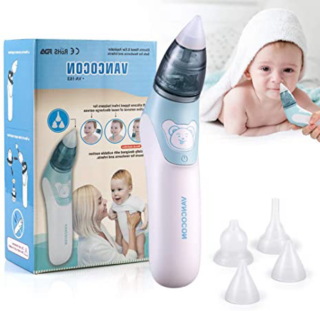 Aspirador nasal, Uman® 2 en 1 limpiador de nariz eléctrico para bebé y removedor de cera del oído con 4 boquillas de lechón reutilizables para recién nacidos, niños pequeños y bebés