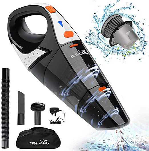 Aspiradora de Mano, Hikeren Aspirador Mano Sin Cable Potente, 5000PA, Aspiradoras en Seco y Húmedo, Batería de 2400mAh, Filtro de Acero Inoxidable, Accesorio Completo para Hogar y Coche