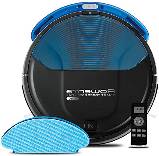 Rowenta RR6971WH Smart Force Essential Aqua - Robot Aspirador 2 en 1, Aspira y Friega, con Sensores Anticaída, 150 Minutos de Autonomía, Incluye Mando a Distancia y Base de Carga, Negro/ Azul Oscuro