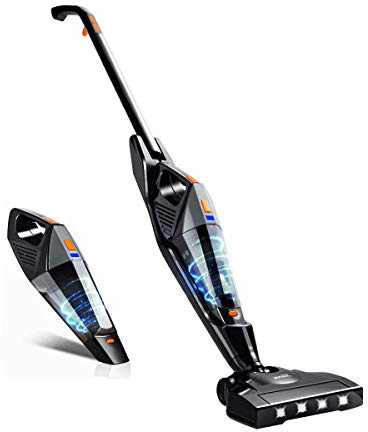 Aspiradoras Hogar Escoba, Hikeren Aspiradora de Mano Sin Cable 12000 pa, Aspiradoras Vertical con Batería de 2500mAh, 2 Velocidades, Luz LED, 2 Filtros Lavable, 2 Cepillos