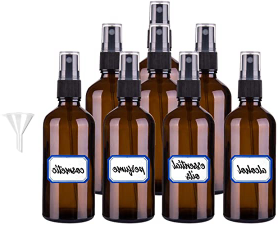 pulverizador cristal, botella de vidrio atomizador rociador 8 piezas, con 1 embudo y 1 etiqueta, para aceites esenciales, perfumes, cosméticos ((8x30 ml) marrón)