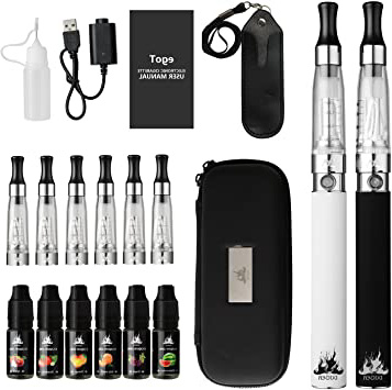 Cigarrillo Electronico, E-Cigarrillo E-líquido Ego T2 Kits IXIGER®:2 X 1100mah Batería Recargabla +8 X CE4 1.6ml Atomizador +6 X 10ml E-líquido(50%PG:50%VG) 0 mg Nicotina ( nergo+blanco)