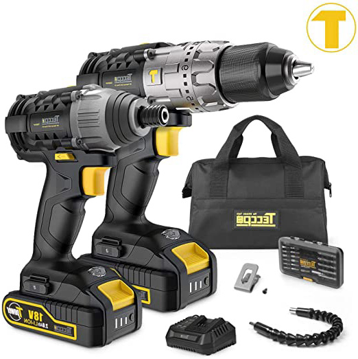 Taladro Atornillador, TECCPO Professional 60Nm Taladro Bateria, 180Nm Atornillador a Bateria, 2 Baterías 2.0Ah, 30min Cargador Rápido - TDCK01P