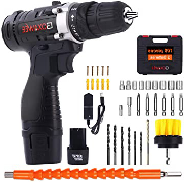 Taladro Atornillador 12V, GOXAWEE 100Pcs Kit Taladro Electrico/Destornillador Eléctrico (2 Baterías de Litio 1500mAh, 30N.m Par Máx, 2 Velocidades, 10mm Portabrocas Automatico)