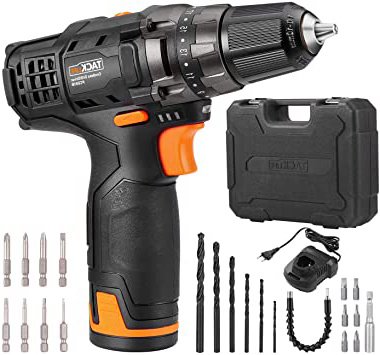 Taladro Atornillador 12V, Tacklife PCD01B Destornillador Eléctrico, Par Máx.27N.m 19 + 1 con Selección de Marcha, Cargador 100-240 V, Mandril de Bloqueo 10mm, 6 Brocas, 6 Puntas, 1 Extensor, Luz LED