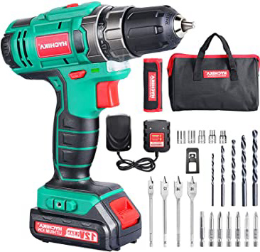 Taladro Atornillador 12V, HYCHIKA Destornillador Eléctrico, 30N.m Par Máx, 1500mAh Batería, 1 Hora de Carga Rápida, 6PCS Puntas, 6PCS HSS Brocas, 5PCS Llaves de vaso, 4PCS Brocas de Madera, 1 Bolsa