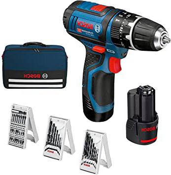Bosch Professional GSB 12V-15 System percutor Madera de Ø máx 19 mm, Incl. 2 x 2.0 Ah batería + Cargador, 3X Juego de Taladro, en Bolsa, Amazon Edición, 36 W, 12 V, Azul