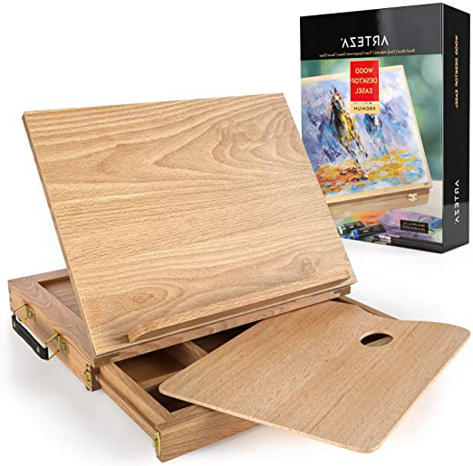 Arteza Atril de escritorio con cajón y paleta de pinturas | 34 x 26 x 5 cm | Maletín de madera | Portátil | Ideal para dibujar y pintar distintos medios