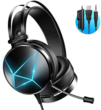 Auriculares Gaming PS4, PeohZarr Cascos Gaming PS5 Sonido Envolvente 7.1 Estéreo Cascos con Microfono 3.5mm Jack con Luz LED y Cancelación de Ruido Auriculares para PC/Xbox One/Nintendo