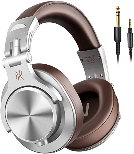 Auriculares OneOdio sobre la oreja, auriculares DJ con cable, auriculares HiFi de estudio con puerto compartido para monitor de grabación AMP de guitarra de piano e-drum (Plateado)