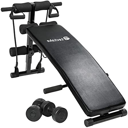 TecTake Banco de musculación - Dimensiones totales: Aprox. 129 x 70 x 55 cm - Plegable Negro + 2 expansor Cuerdas + 2 Deporte Pesas