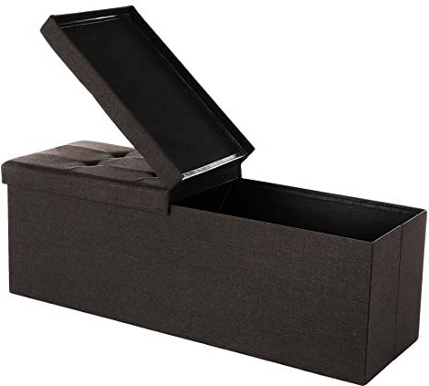 SONGMICS Baúl Puff Taburete para Almacenaje Plegable, Carga Máxima de 300kg, Textil Lino, 110 x 38 x 38 cm, Marrón Oscuro LSF77Q