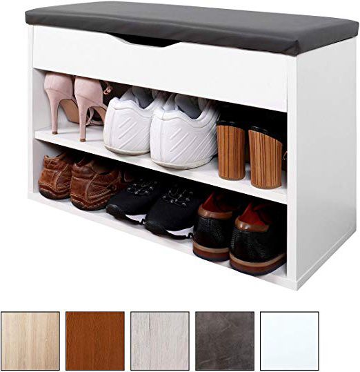 RICOO Banco de Armario Zapatería con almacén Plegable WM032-W-A Estanterías con Asientos Acolchado para casa Entrada de Madera Baúl Botas Banco Almacenamiento de Zapatos Color Blanco y Gris Antracita